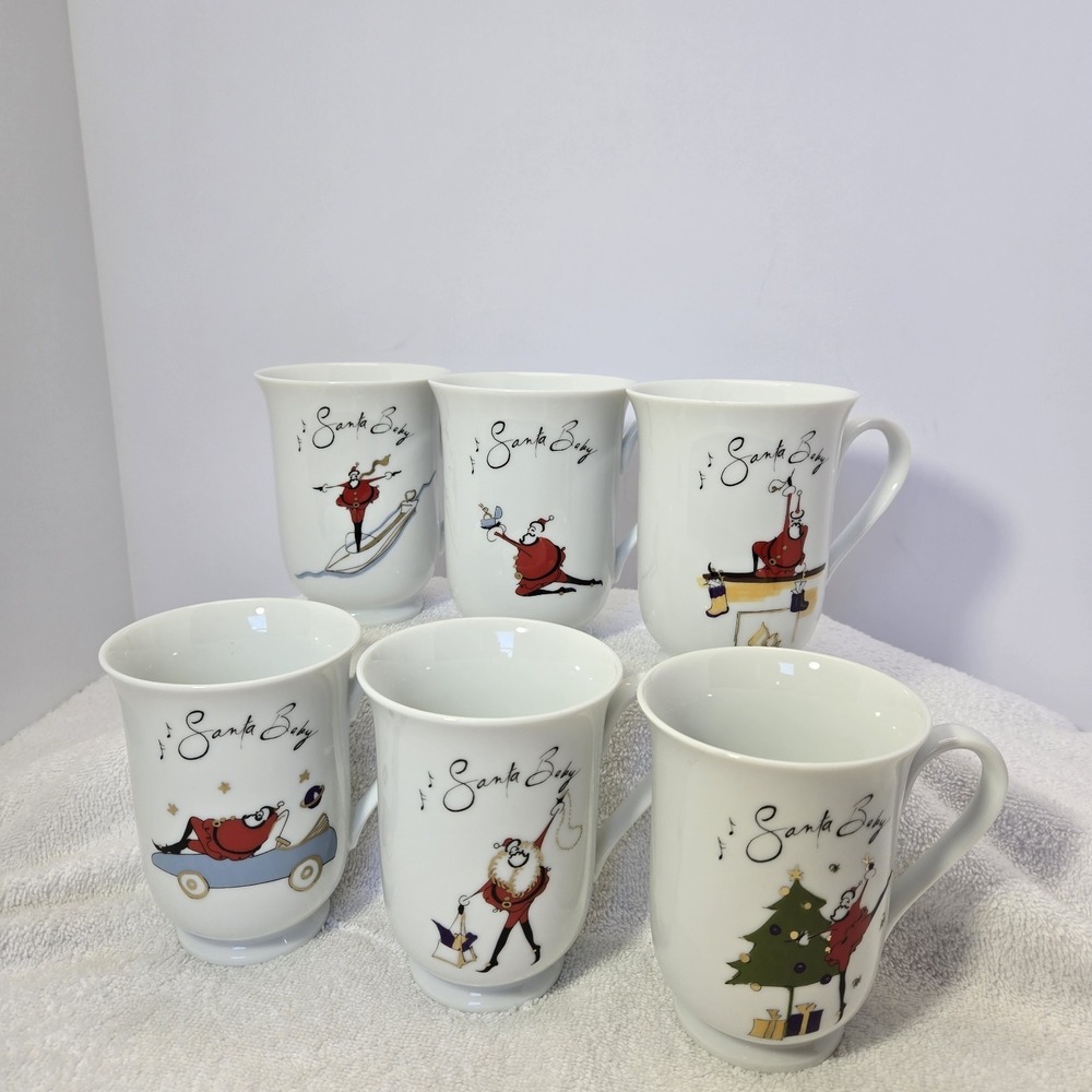 Pottery Barn Santa Baby Hot Cocoa Coffee Cups Tea Mugs Set Of 6 Christmas Rare